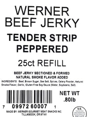 Werner close-up of peppered tender strip texture highlighting tender chew and pepper seasoning