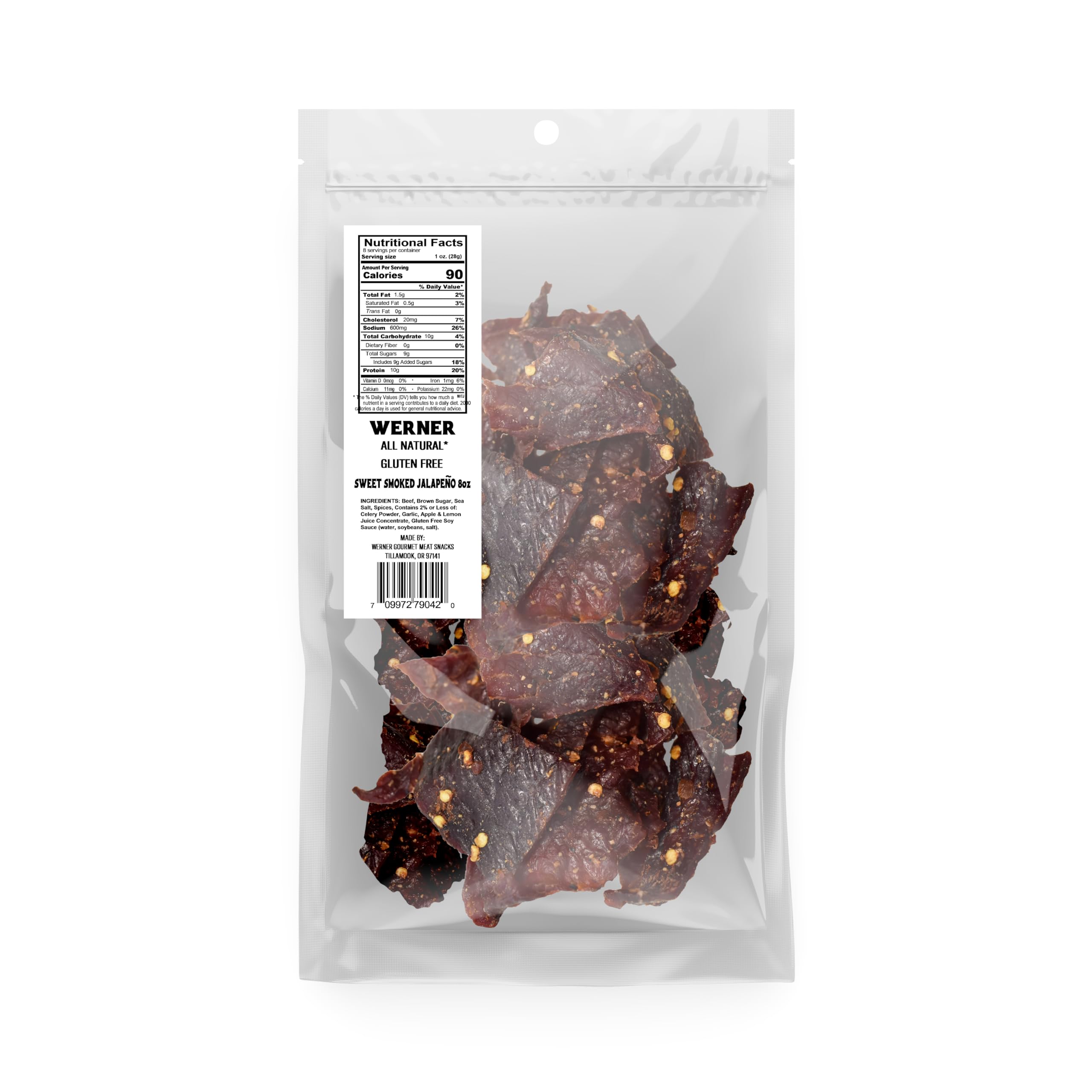 Werner close-up jerky strip texture highlighting smoky flavor and high-protein benefit