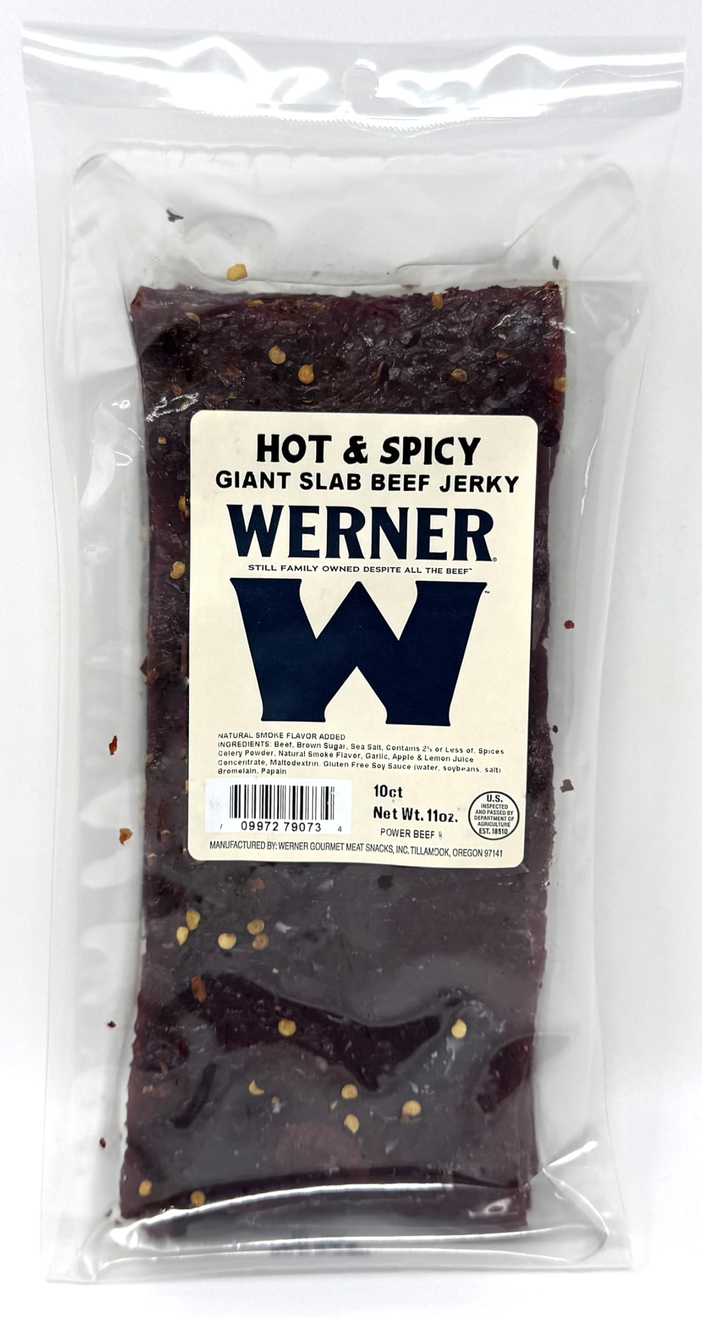 Werner front packaging large bulk beef jerky bag showing brand and hot spicy flavor, ideal for sharing