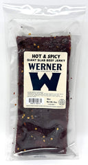 Werner front packaging large bulk beef jerky bag showing brand and hot spicy flavor, ideal for sharing