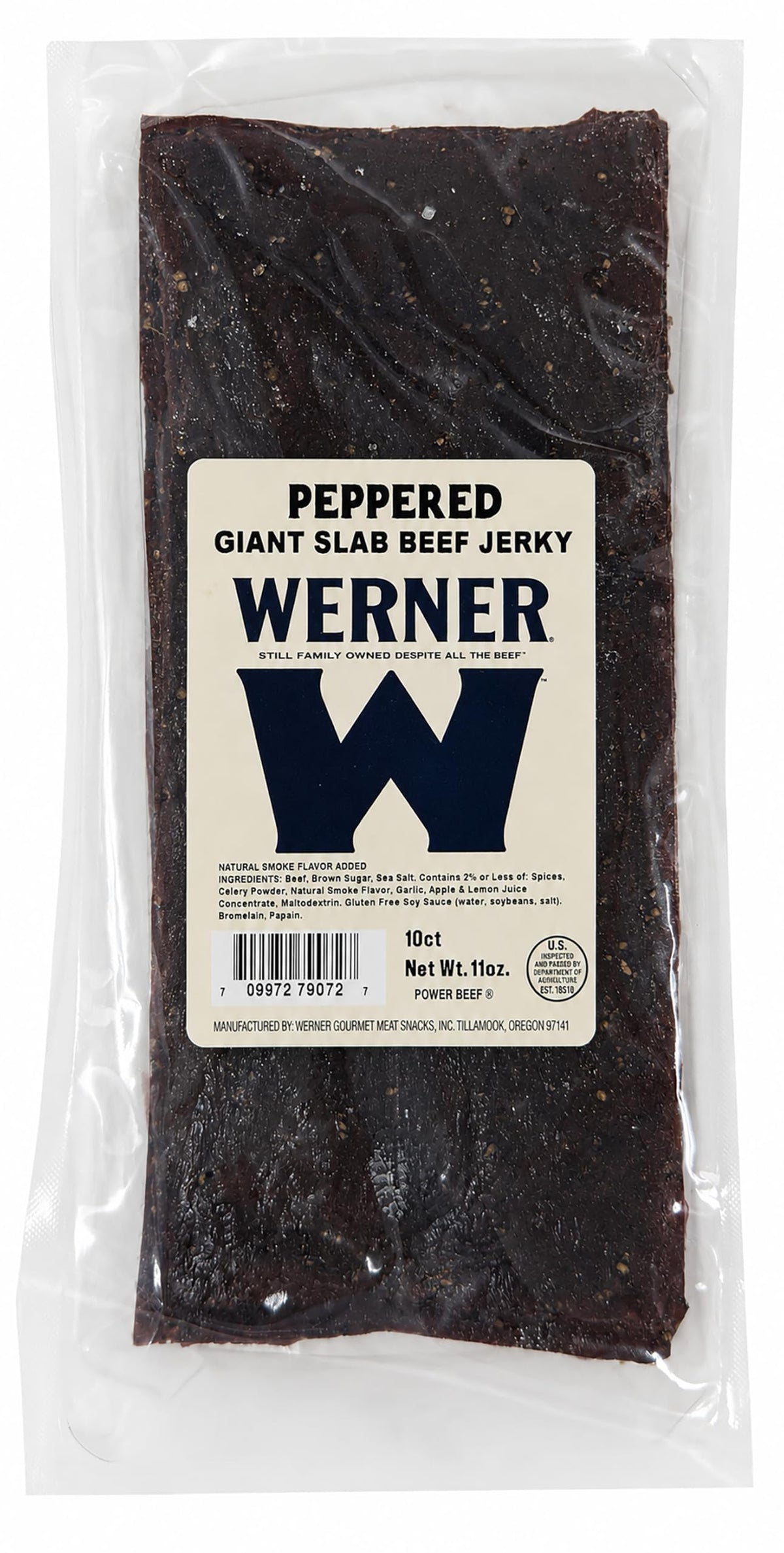 Werner front packaging showing ten giant peppered beef slabs for big snacking