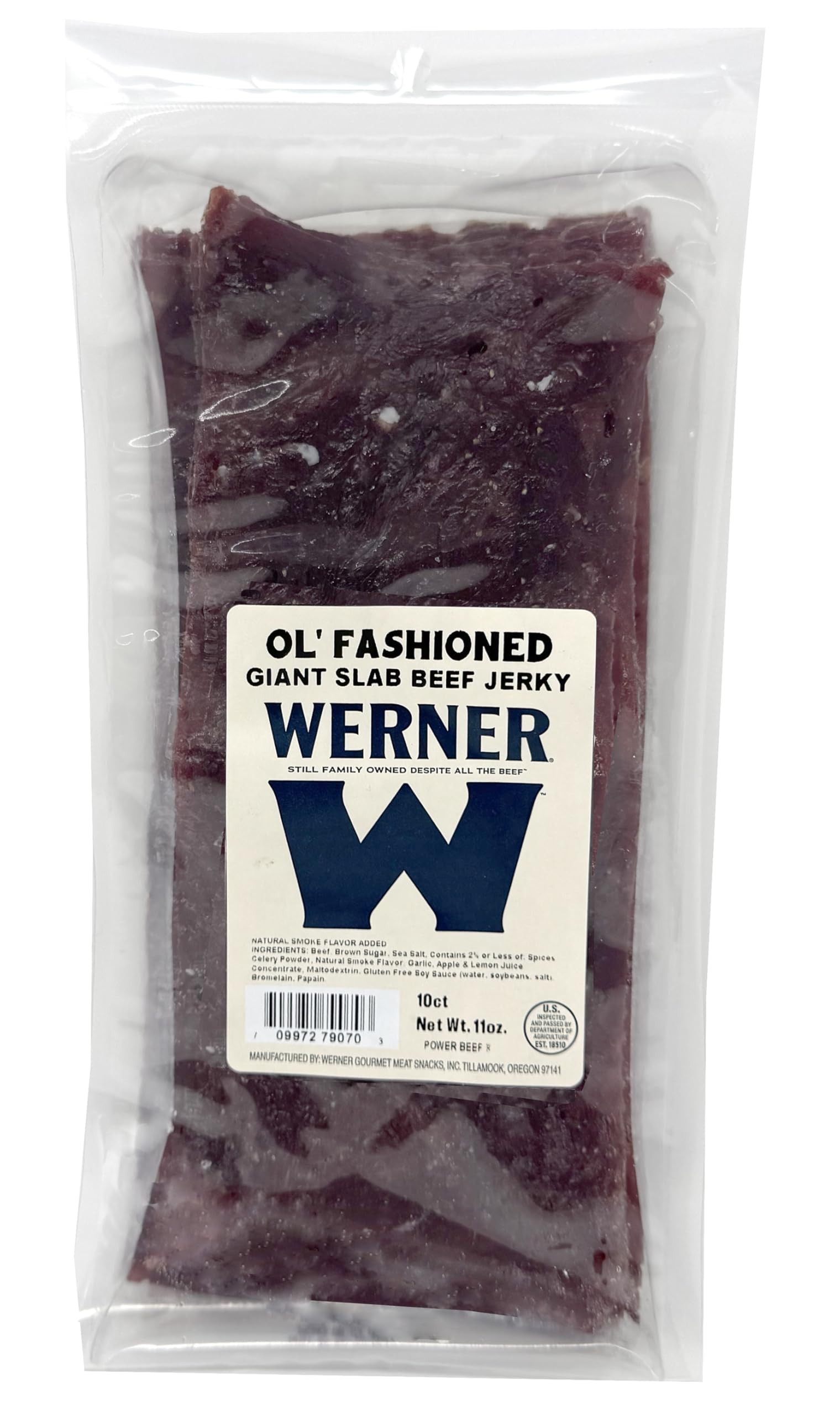 Werner front packaging showing ten giant jerky slabs and bold branding for shareable snacking