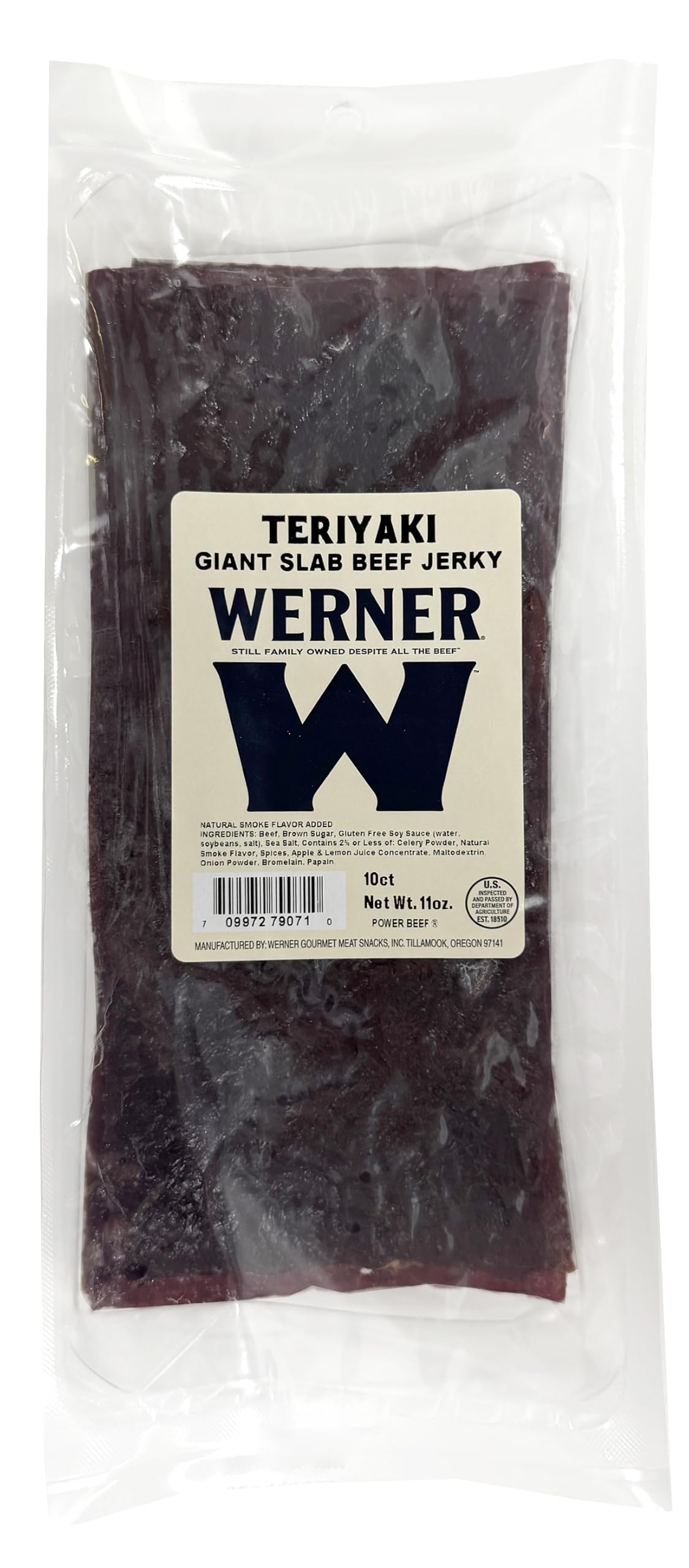 Werner teriyaki slab front packaging showing bulk 10-count and convenient snacking