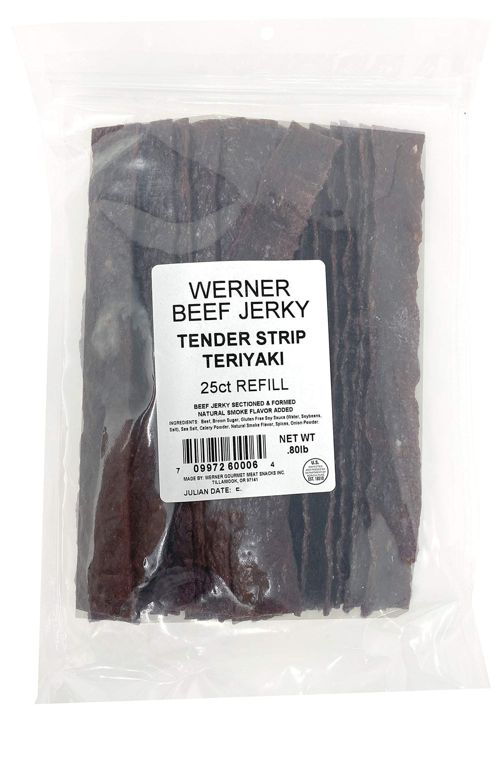 Werner front packaging showing 25‑strip teriyaki box and brand, convenient grab‑and‑go