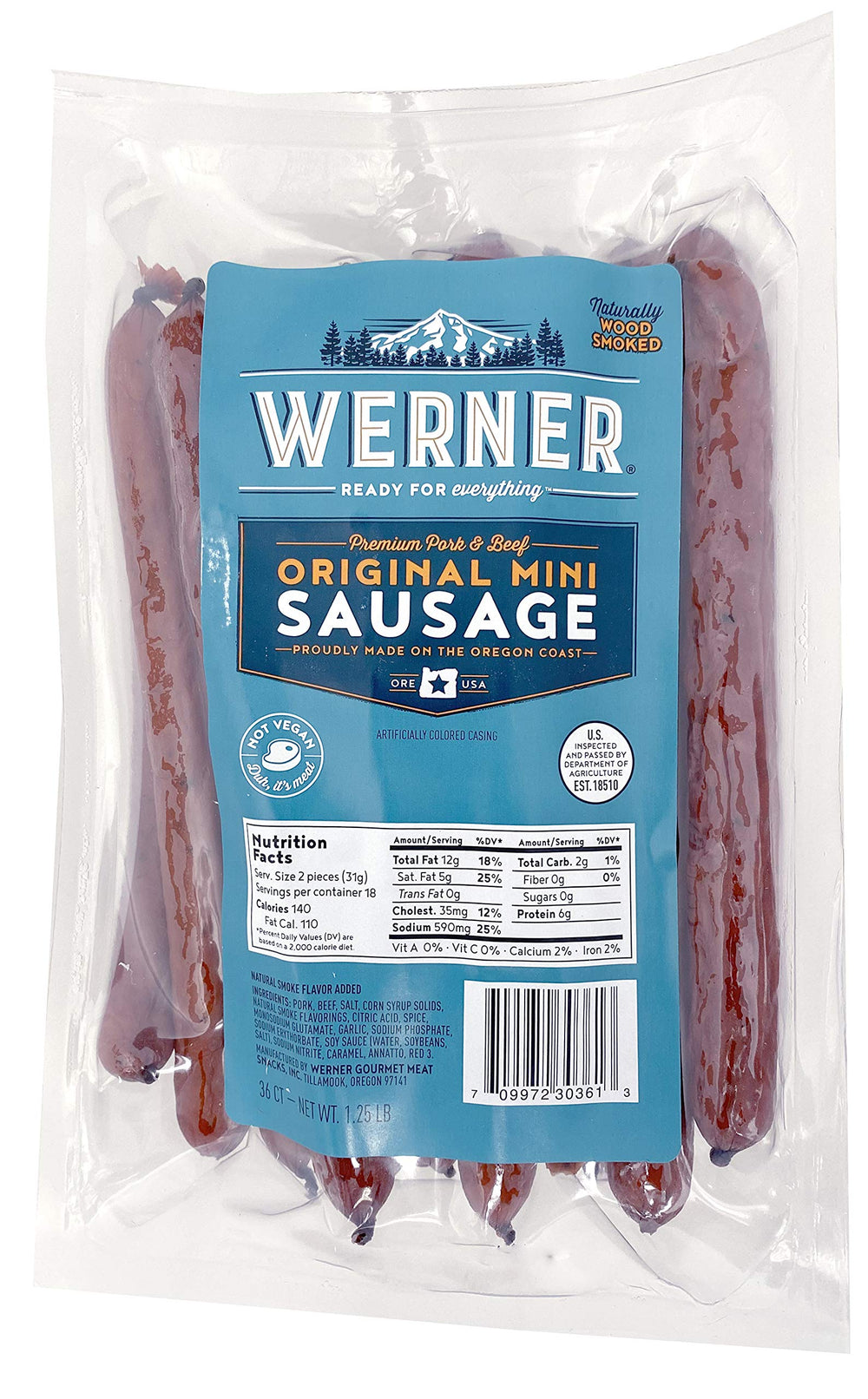Werner front packaging showing 36 mini sausage sticks, convenient portable snack