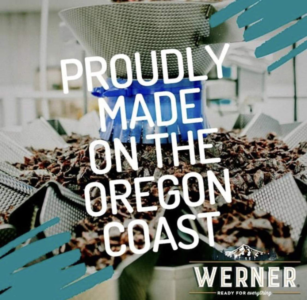 Werner jerky strip on a trail next to backpack illustrating durable, ready-to-eat outdoor fuel