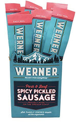Werner spicy pickled sausage front packaging showing pack of 12 for quick selection