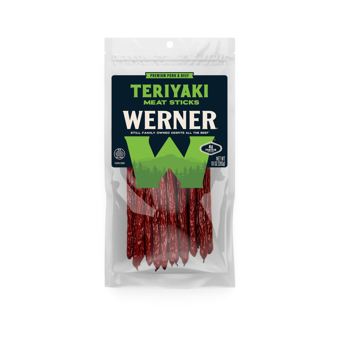 Werner front packaging showing resealable 10 oz bag and 14 meat sticks benefit freshness