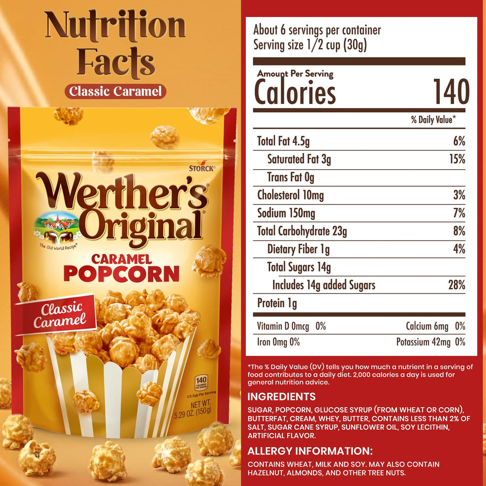 Werther's caramel kernel close-up highlighting glossy coating and irresistible crunch benefit