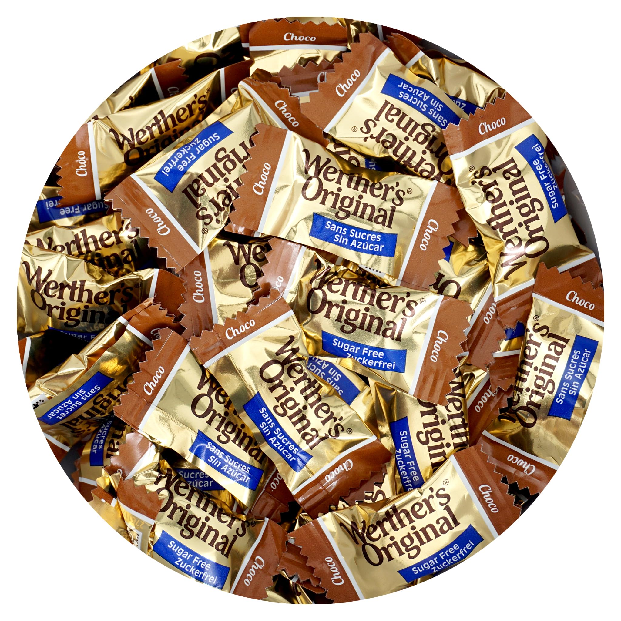 THE HAMPTON CANDY COMPANY Werther's front packaging shows 1 lb bag and bulk benefit