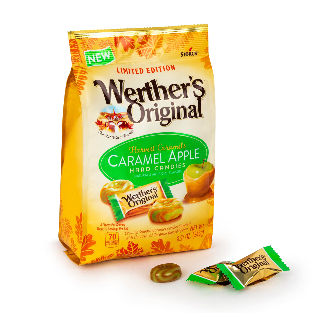 Werther’s front bag view showing Harvest Edition caramel apple flavor and seasonal appeal