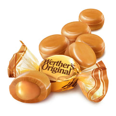 Werther's Original close-up of a single wrapped candy highlighting glossy shell and appealing shine