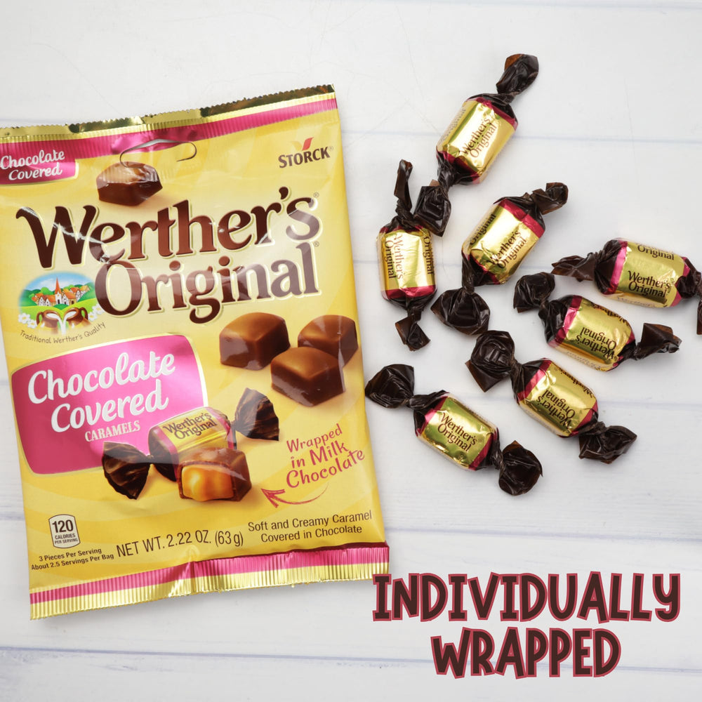 Werther’s Original close-up of chocolate coating and caramel texture for indulgence