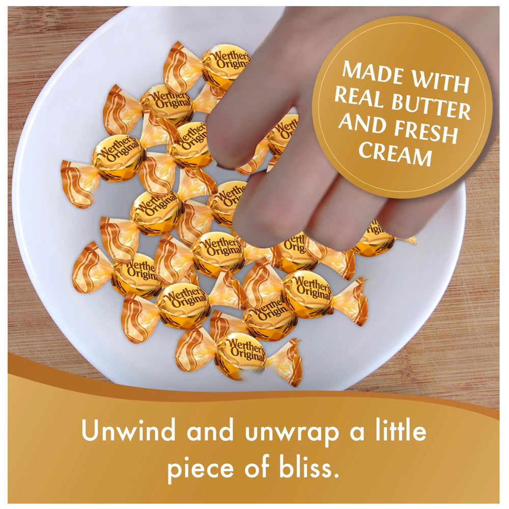 Werther's Original on an office desk beside a coffee mug as a convenient sweet break option