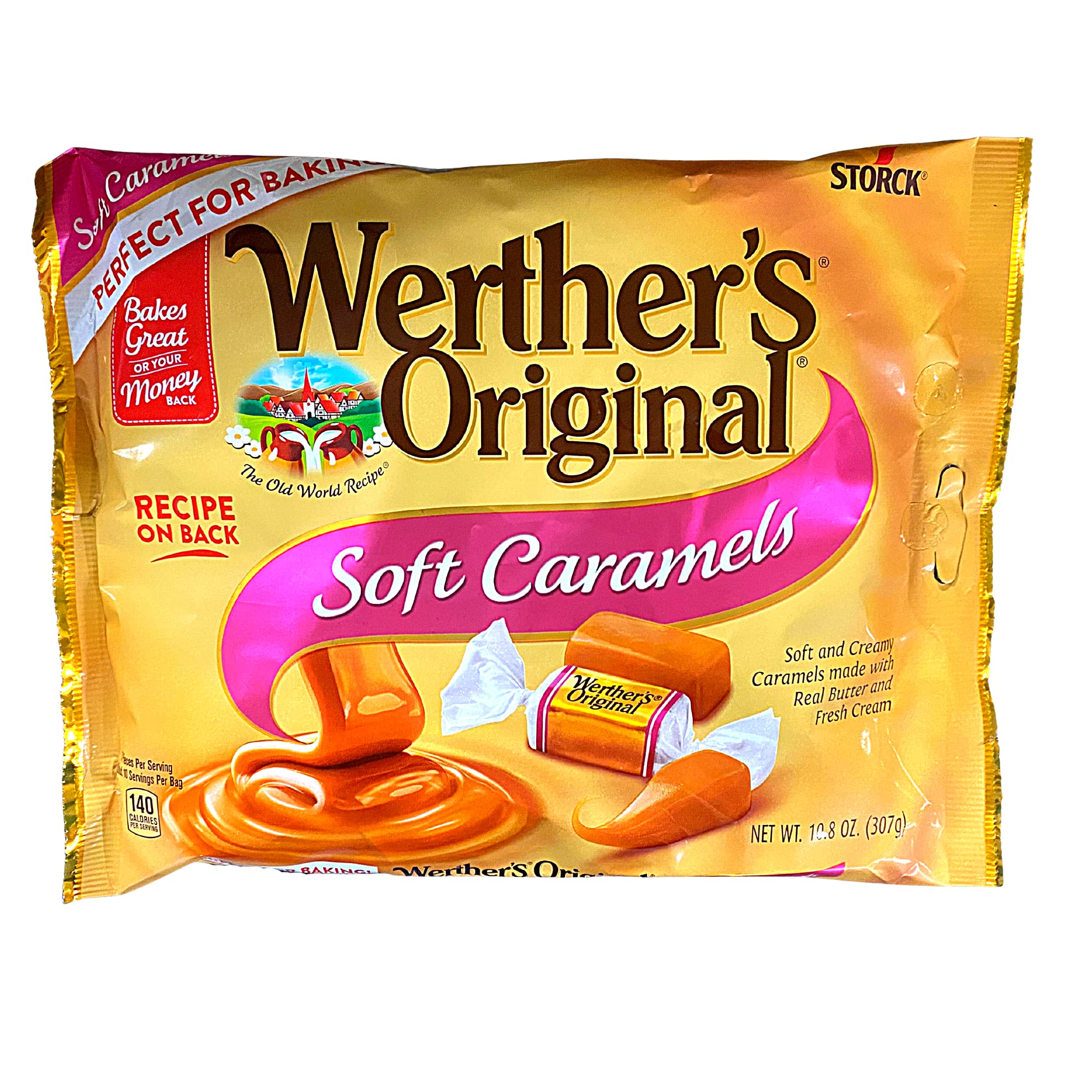 Werther's Original close-up of single soft caramel texture, emphasizes creamy softness
