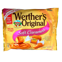 Werther's Original close-up of single soft caramel texture, emphasizes creamy softness