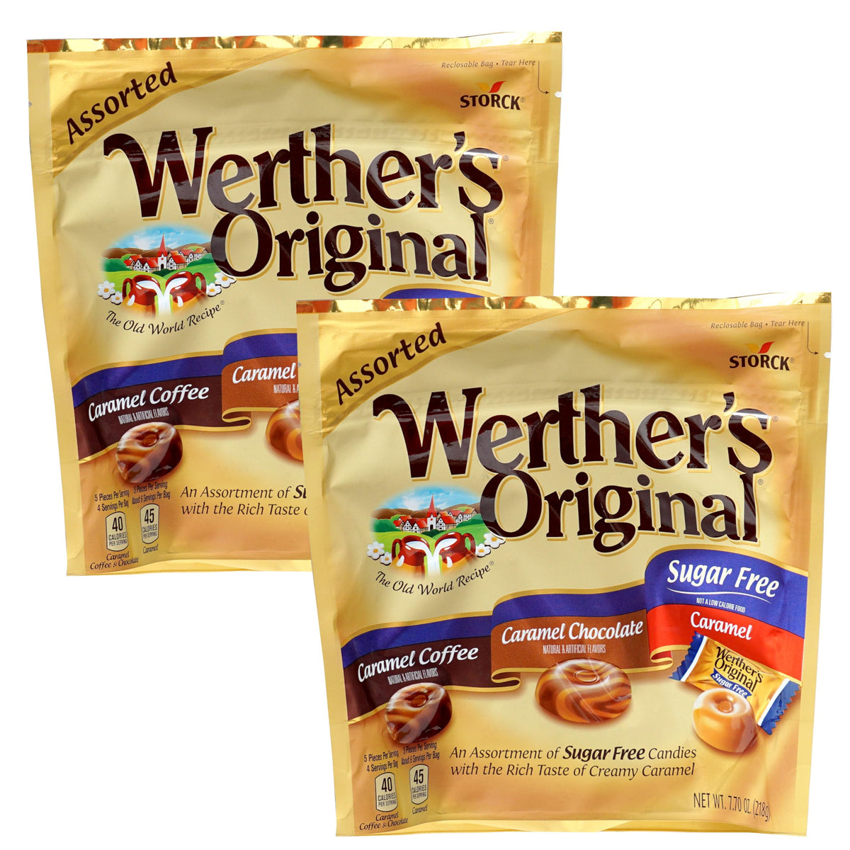 THE HAMPTON CANDY COMPANY Werther's sugar free front packaging showing two 7.7 oz bags and flavor icons