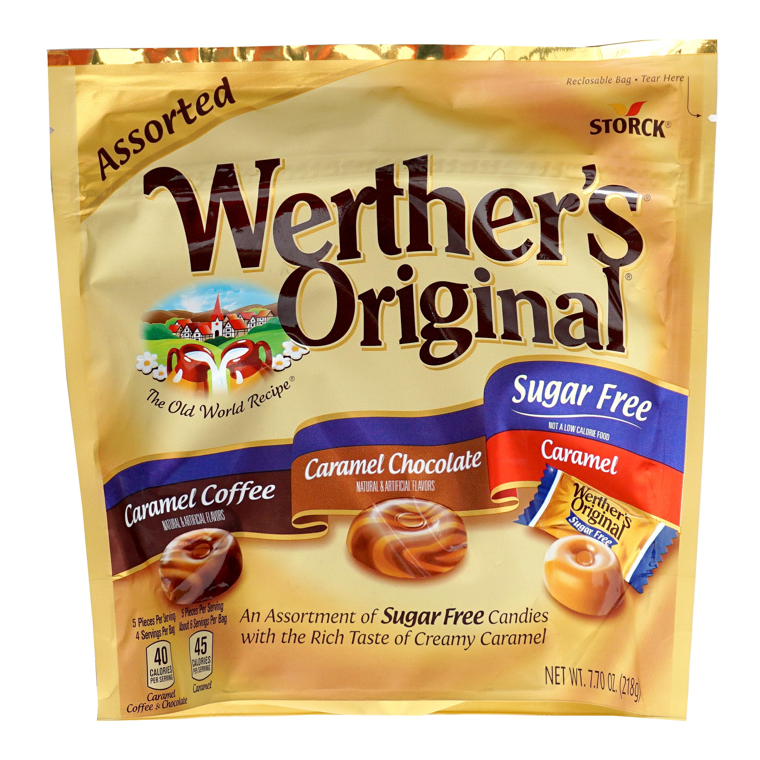 THE HAMPTON CANDY COMPANY Werther's sugar free piece in hand showing size and portable convenience