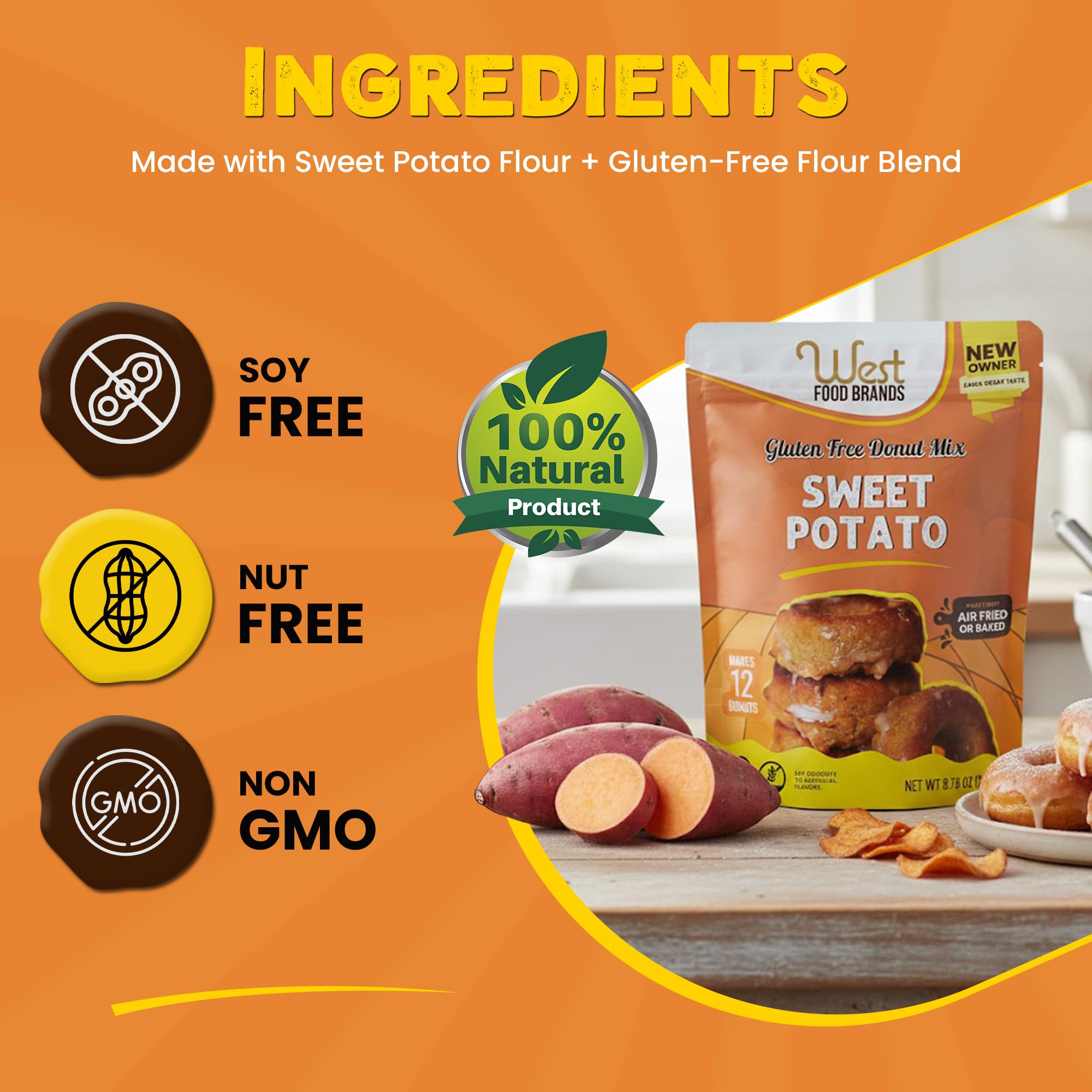 West Food Brands baked donuts on tray showcasing fluffy gluten-free texture