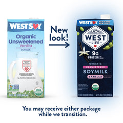Close-up of Westsoy West Life label highlighting organic and Non-GMO benefits