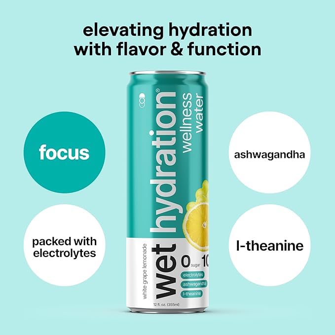 WET HYDRATION cans lined up to display the colorful flavor assortment and easy portability