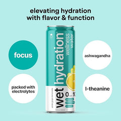 WET HYDRATION cans lined up to display the colorful flavor assortment and easy portability