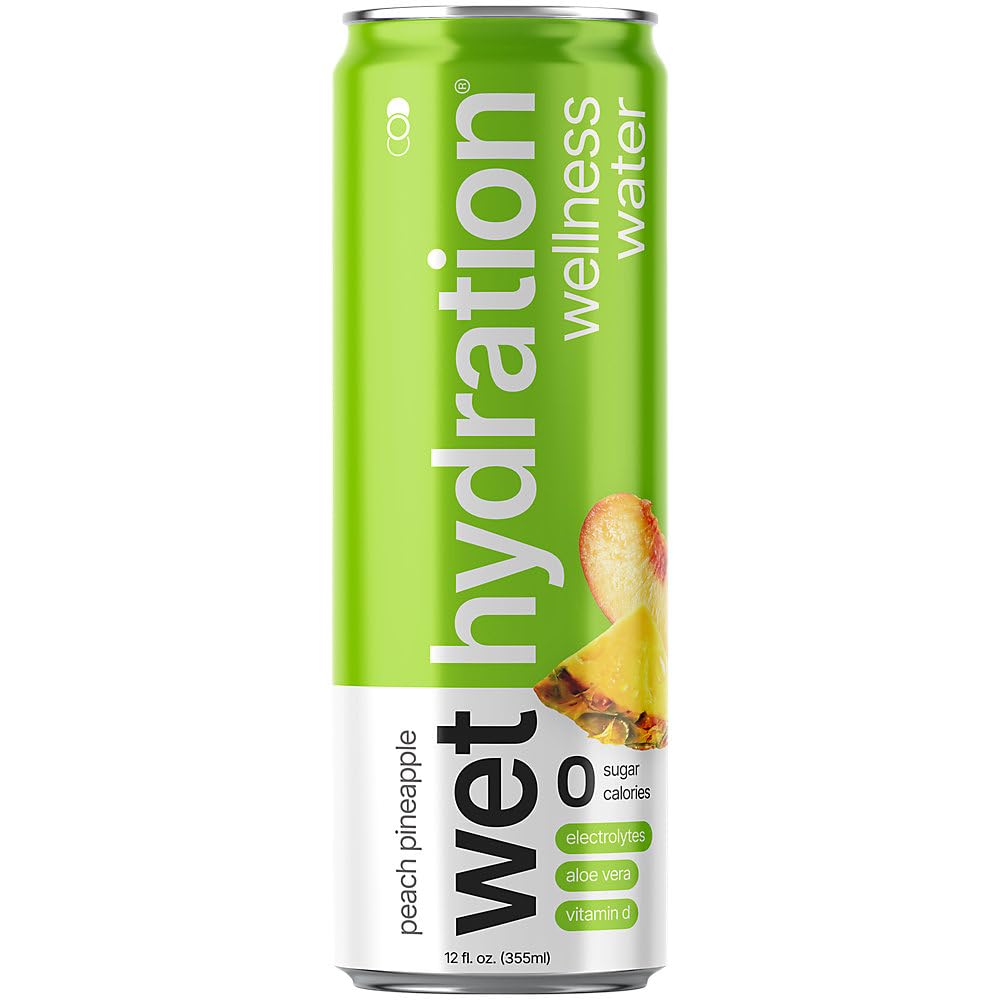 WET HYDRATION front packaging showing 12oz can and peach pineapple flavor, clear hydration benefit