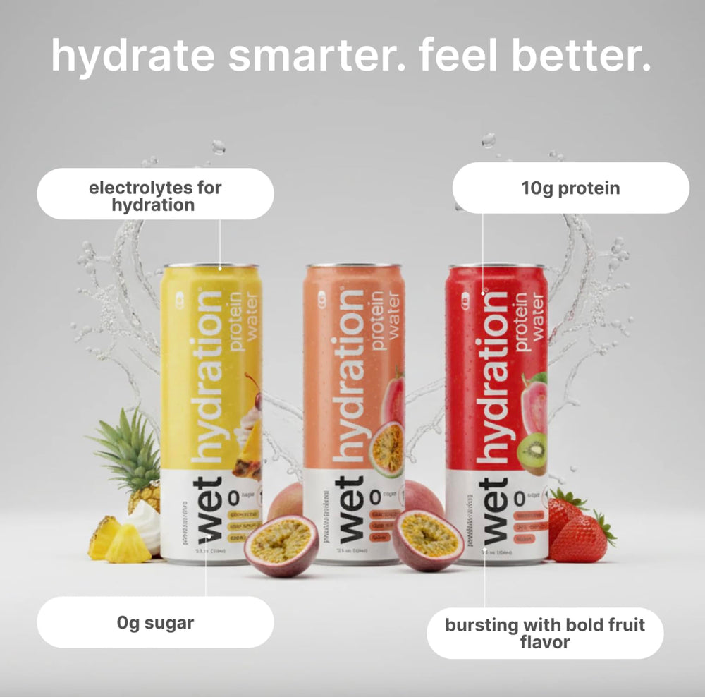 WET HYDRATION pouring clear protein water into glass demonstrating smooth, bubble-free refreshment