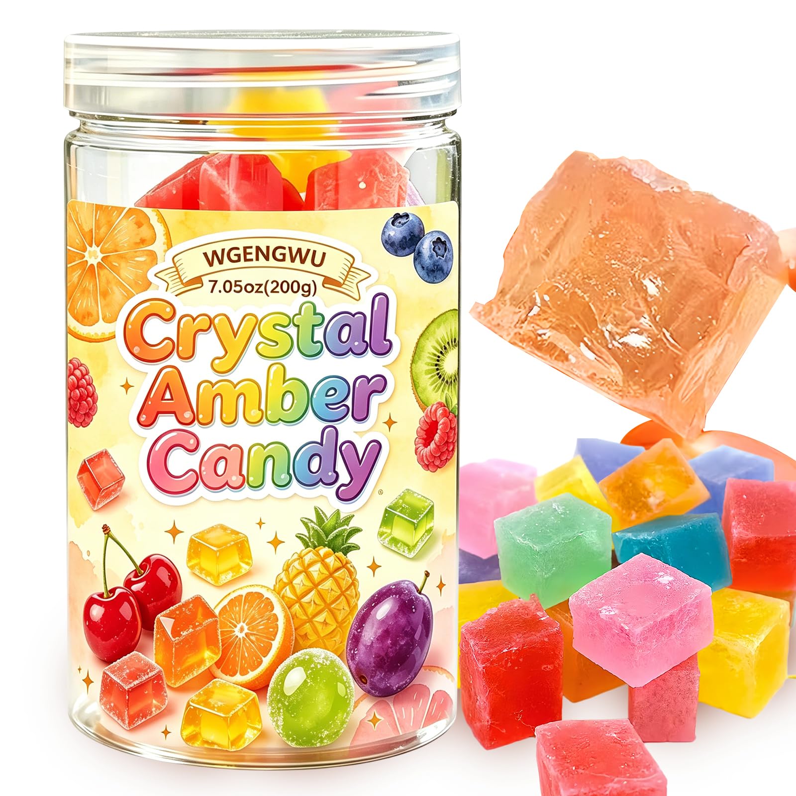 WGENGWU bottle front view showing amber crystal candies and resealable cap, perfect for gifting