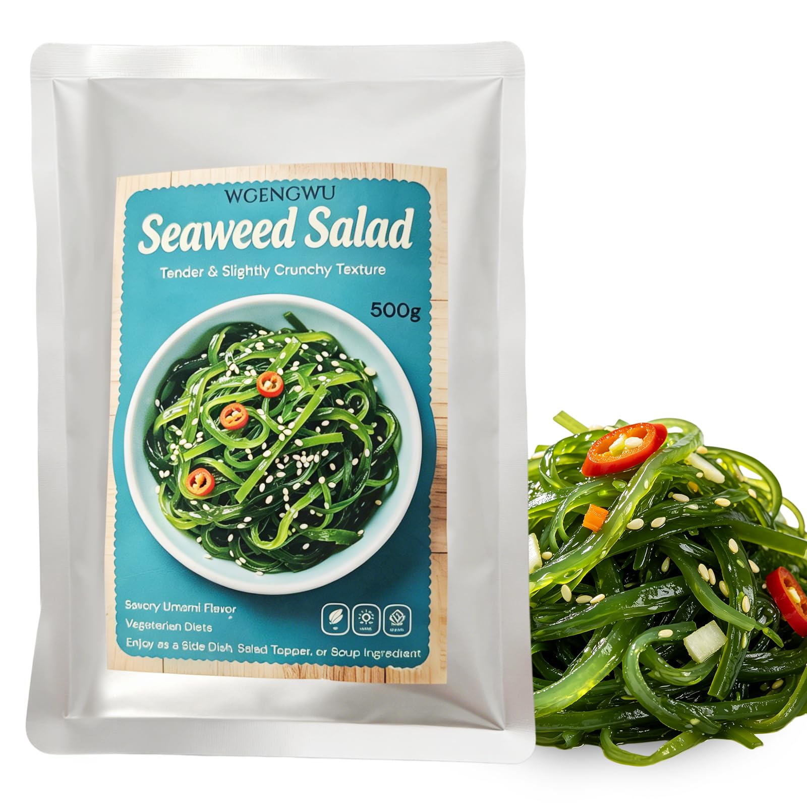 WGENGWU front packaging showing 1.1lb wakame salad, convenient ready-to-eat side