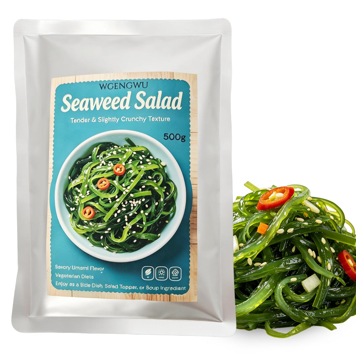 WGENGWU front packaging showing 1.1lb wakame salad, convenient ready-to-eat side