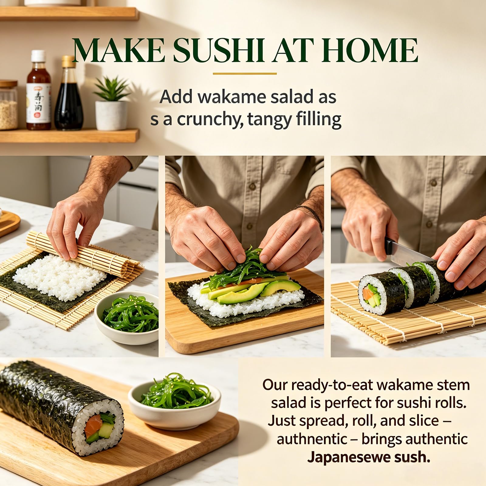 WGENGWU wakame beside sushi roll, adding color and balanced seasoning to plate
