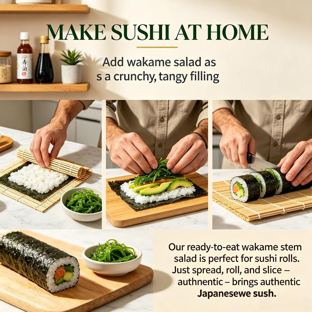 WGENGWU wakame beside sushi roll, adding color and balanced seasoning to plate