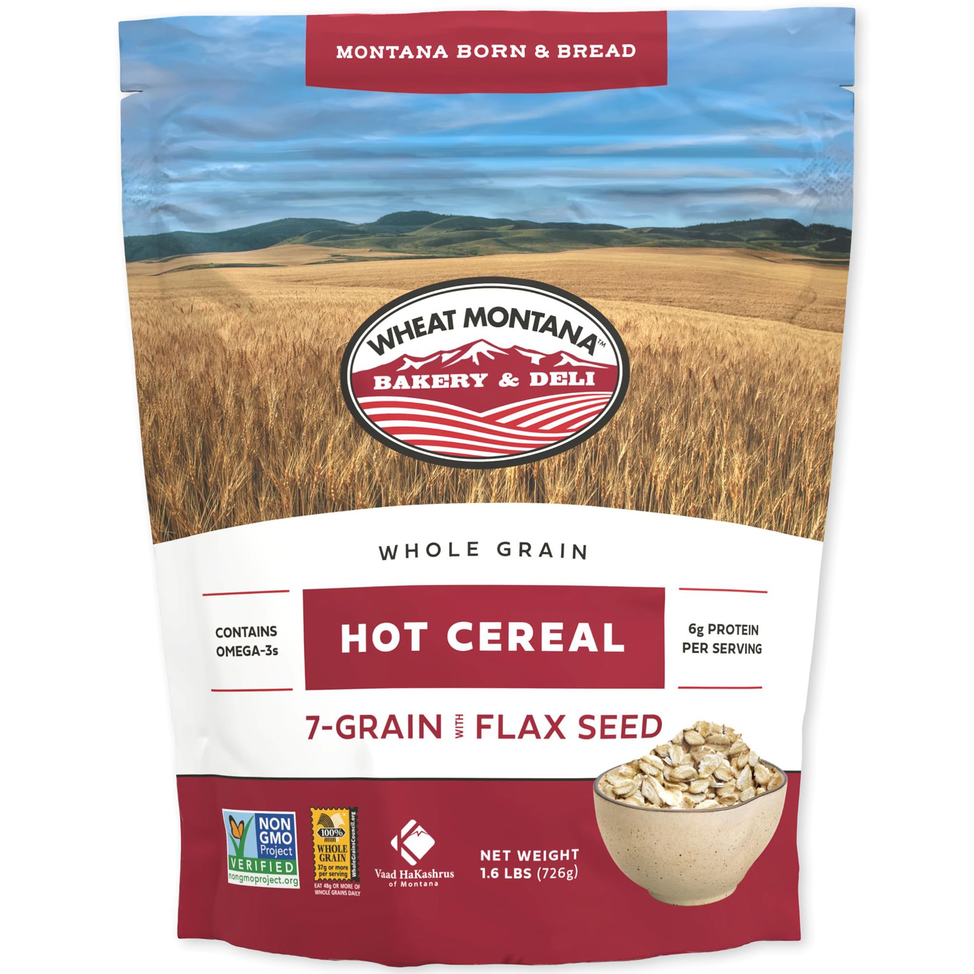 Wheat Montana front packaging showing 7-grain bag and wholesome benefit