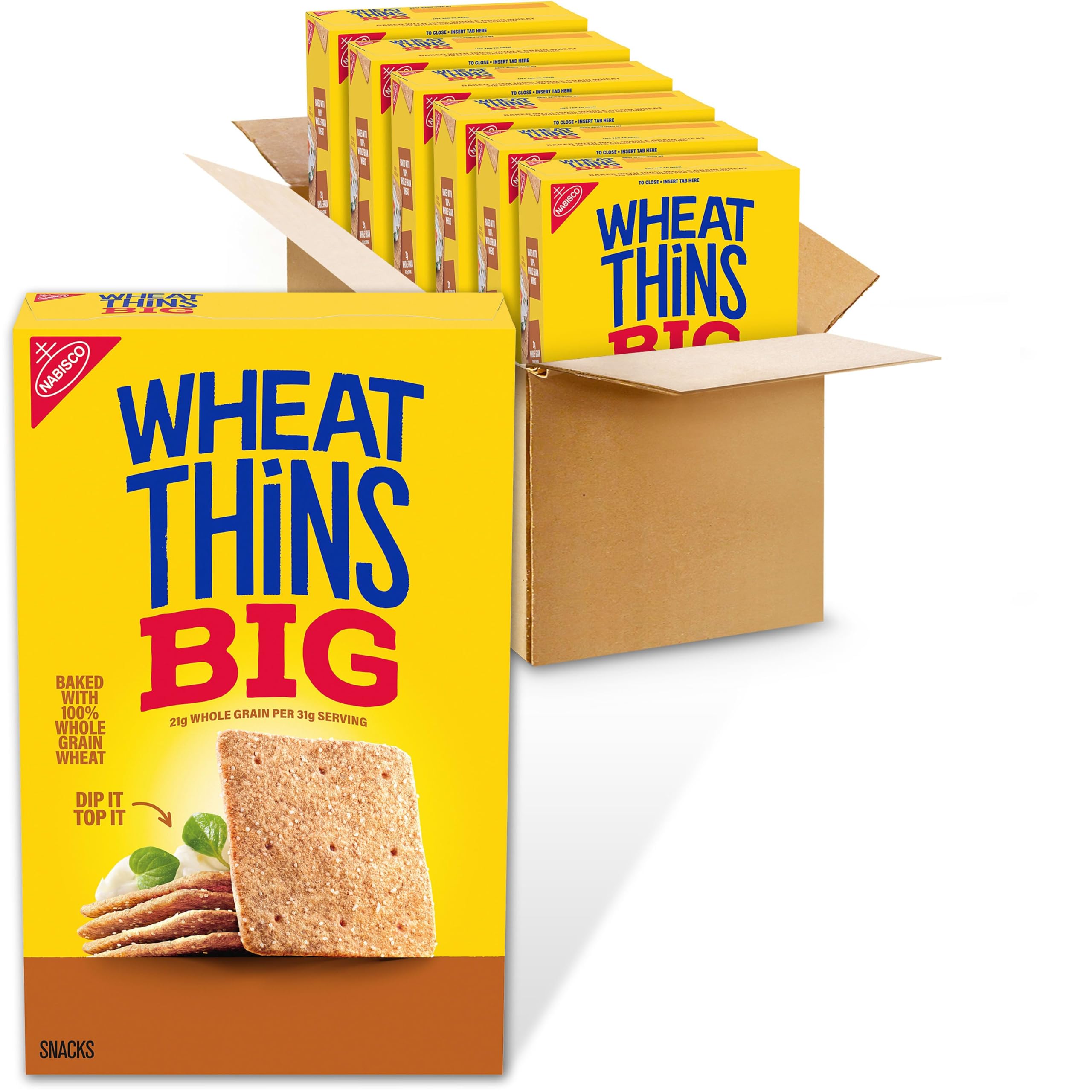 Wheat Thins front packaging showing six-box bulk pack and convenience
