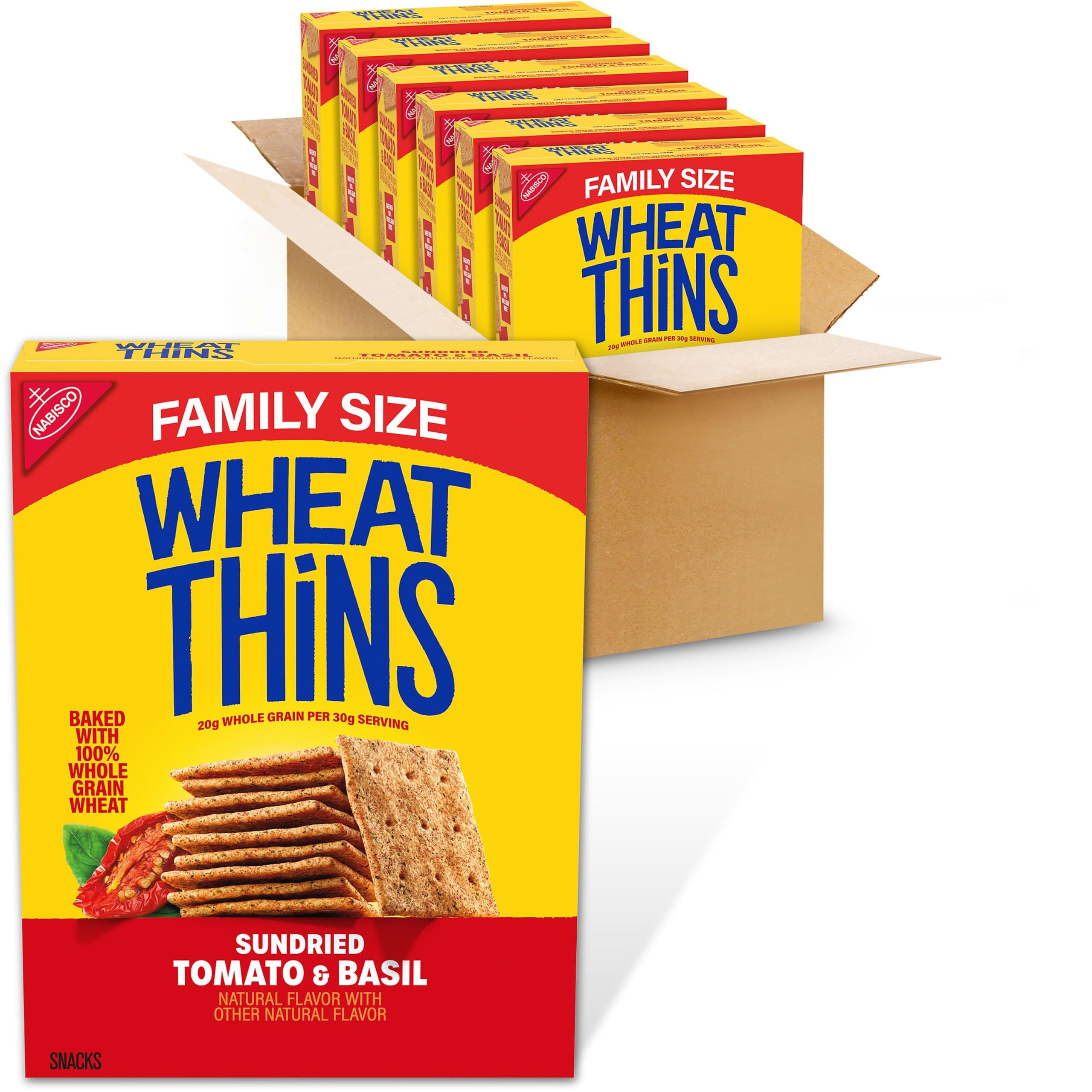 Wheat Thins front box showing sundried tomato and basil flavor, convenient family size
