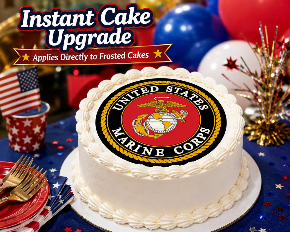 Whimsical Practicality applied topper on frosted cake for professional look
