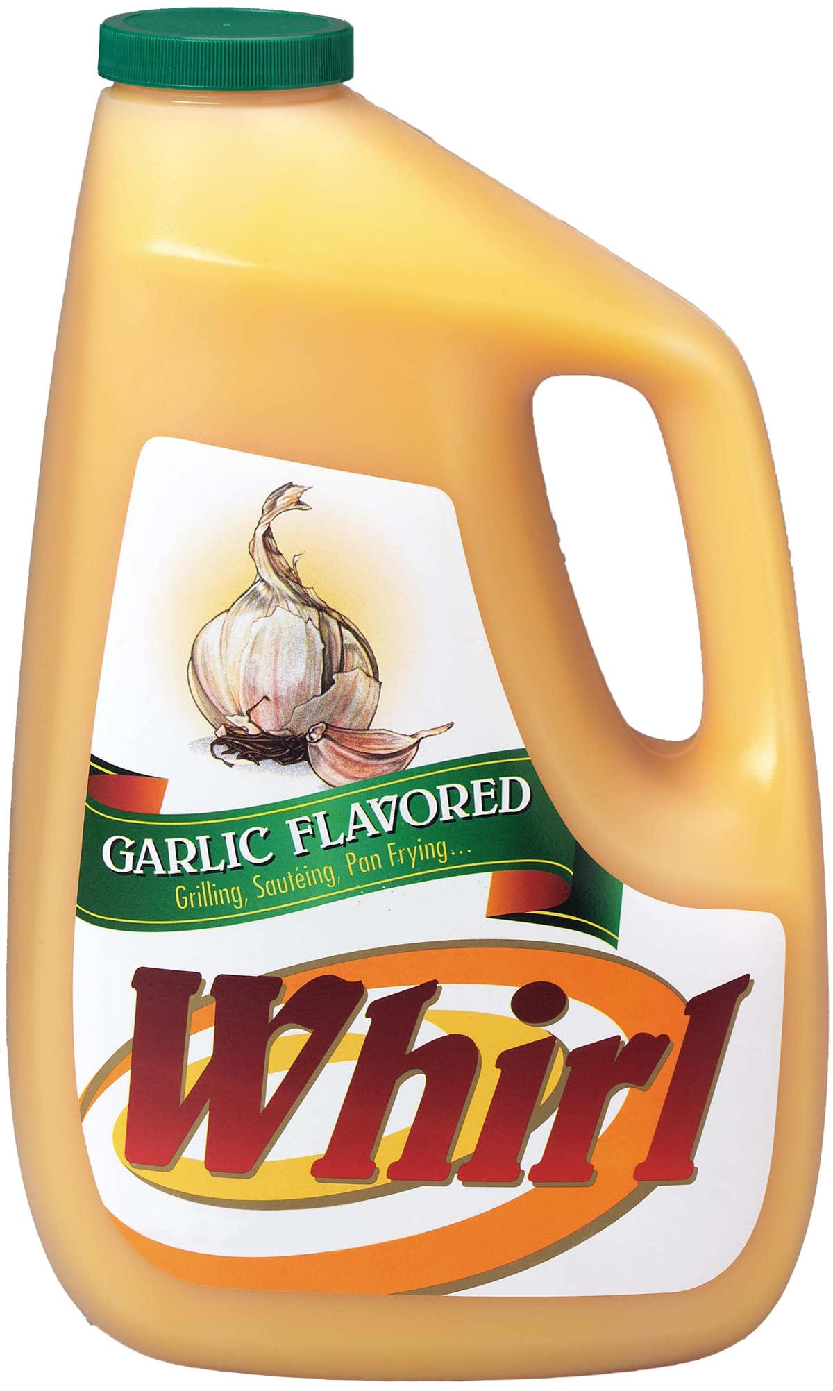 Whirl garlic butter-flavored oil one-gallon front label showing product benefits