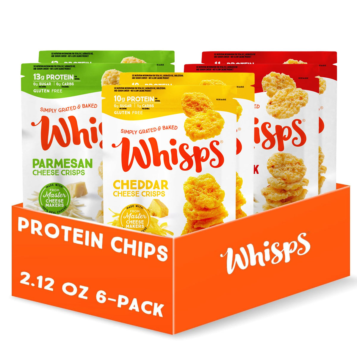 Whisps front packaging six-pack showing variety and convenience