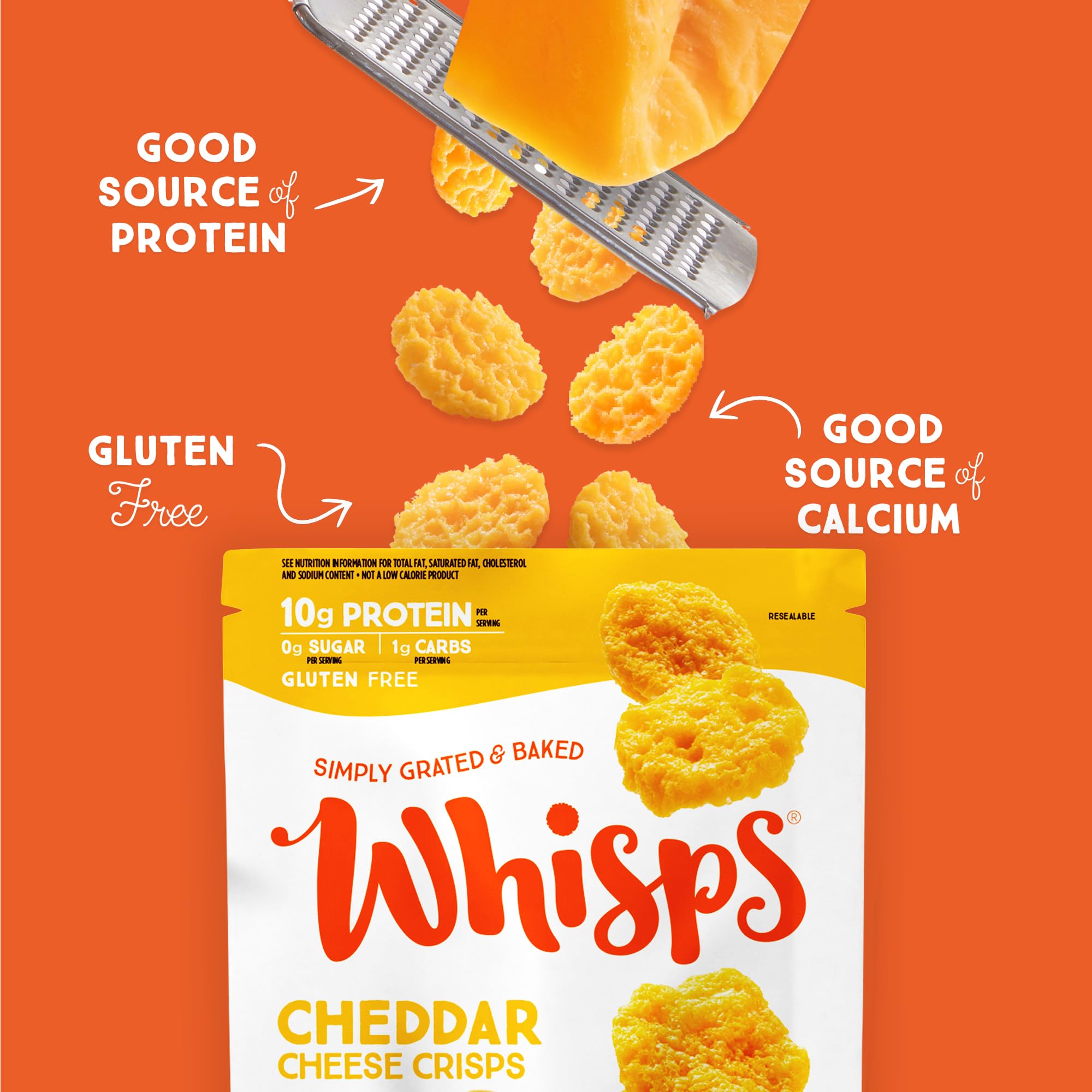 Whisps nutrition label closeup showing protein-forward, low-carb benefits