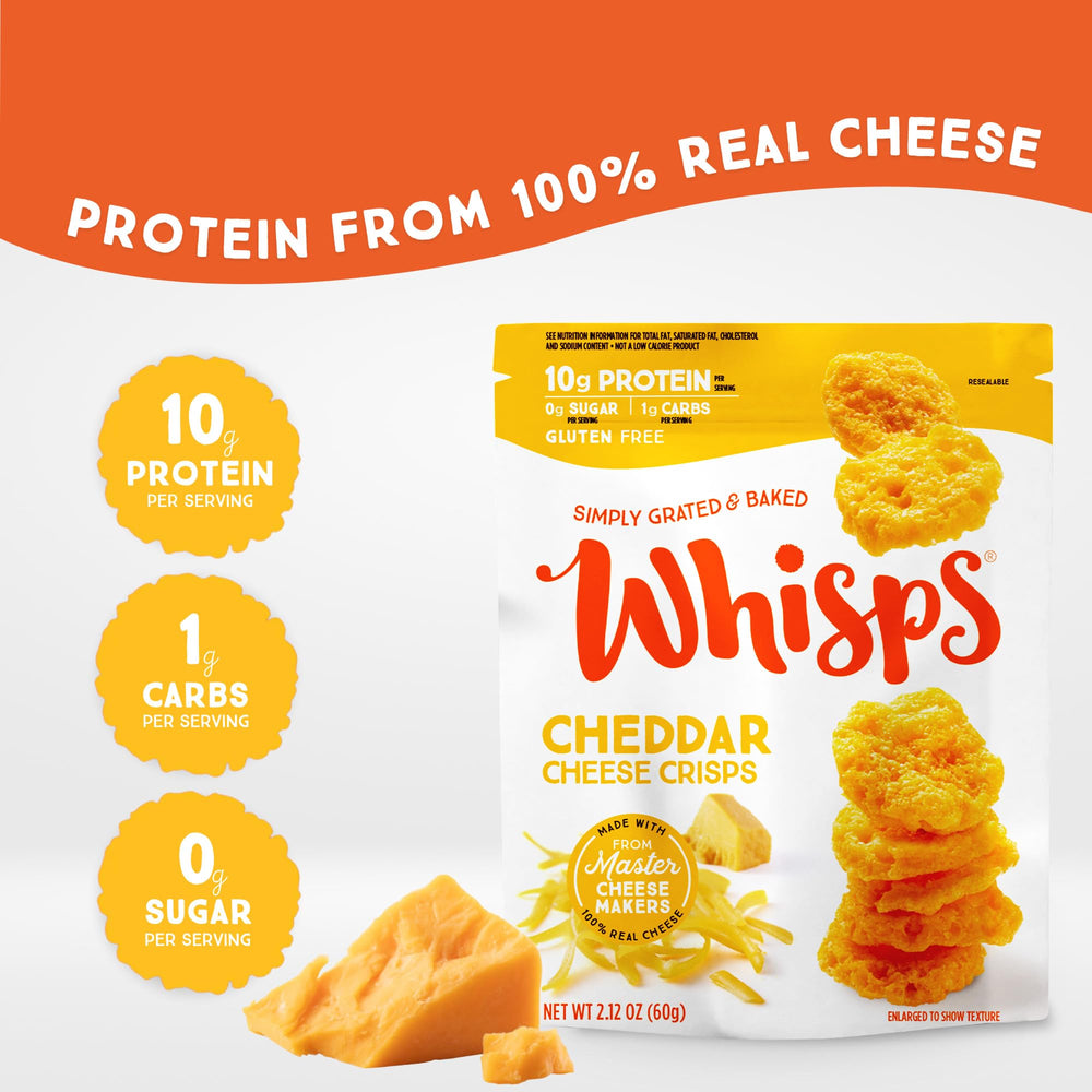Whisps open bag with cheese crisps spread for quick snack access