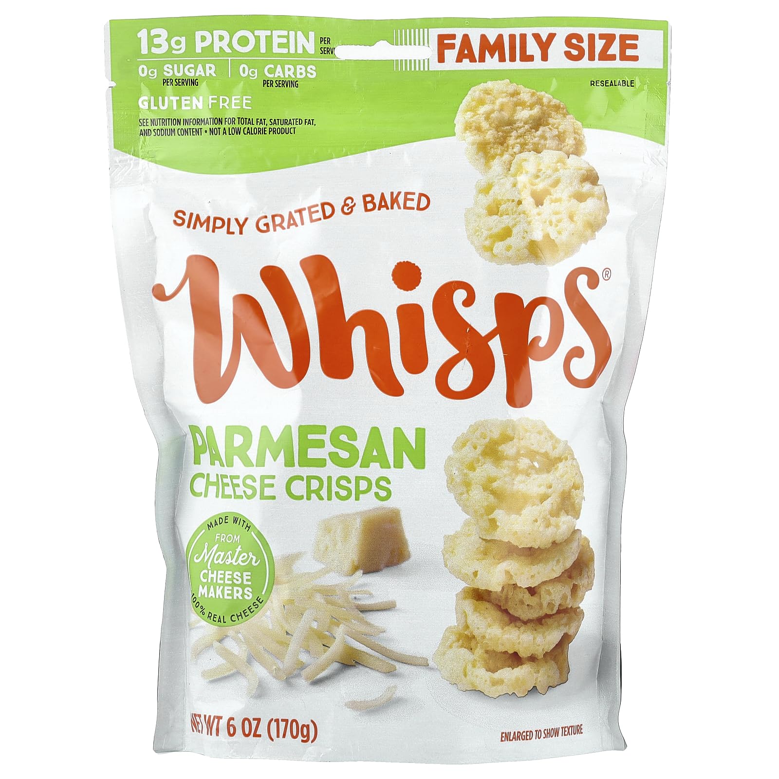 Whisps Parmesan front packaging showing product and brand, highlights convenient snack