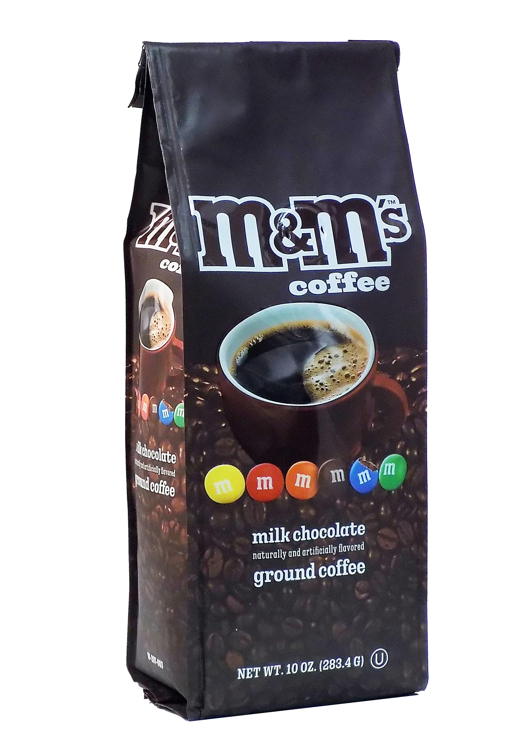 White Coffee M&M's front packaging showing bag and chocolate-flavored appeal