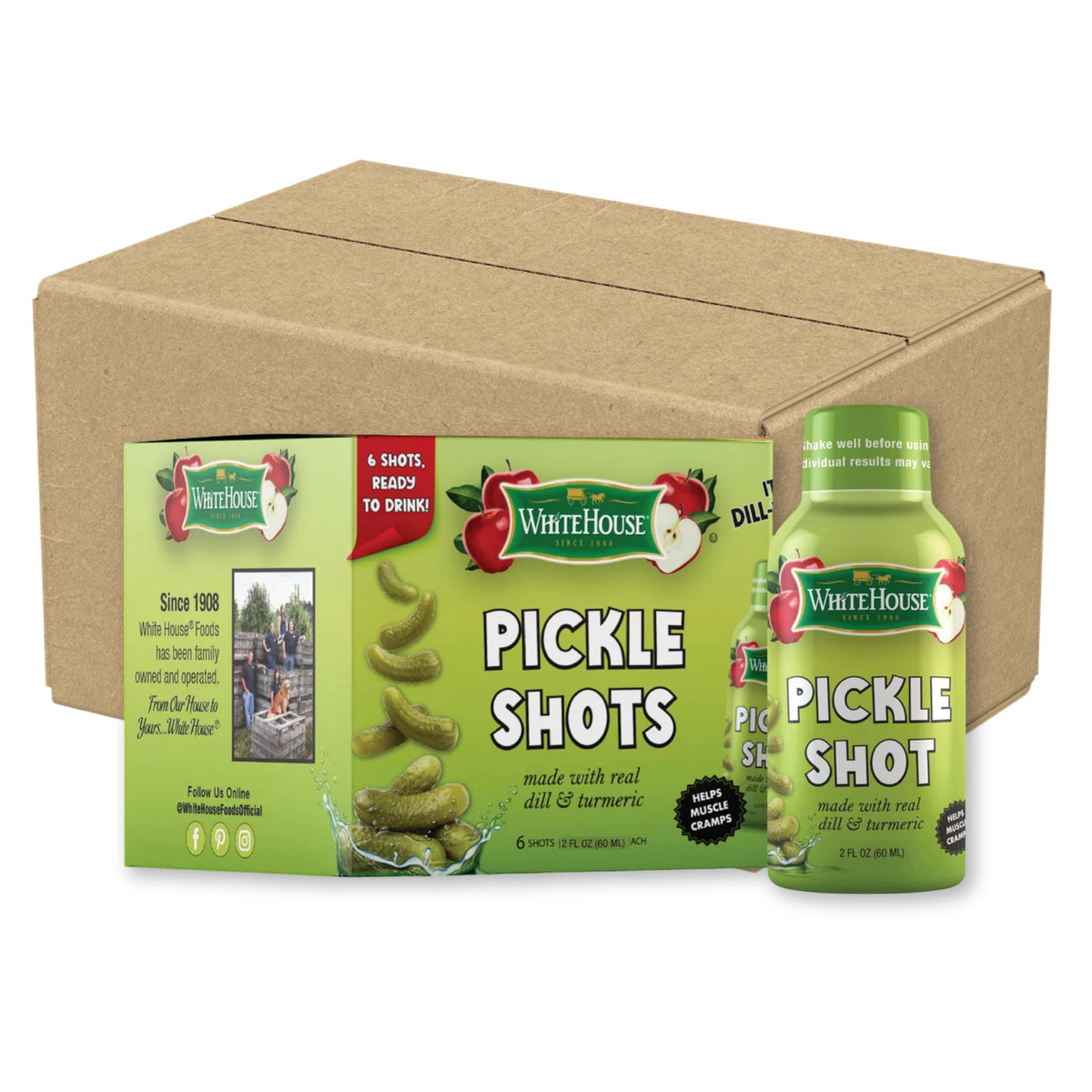 White House Pickle Shots front packaging showing bottle and pack for on-the-go hydration