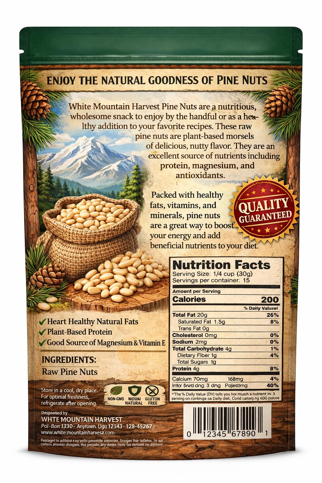 White Mountain Harvest close-up of raw pine nuts texture and fresh buttery look