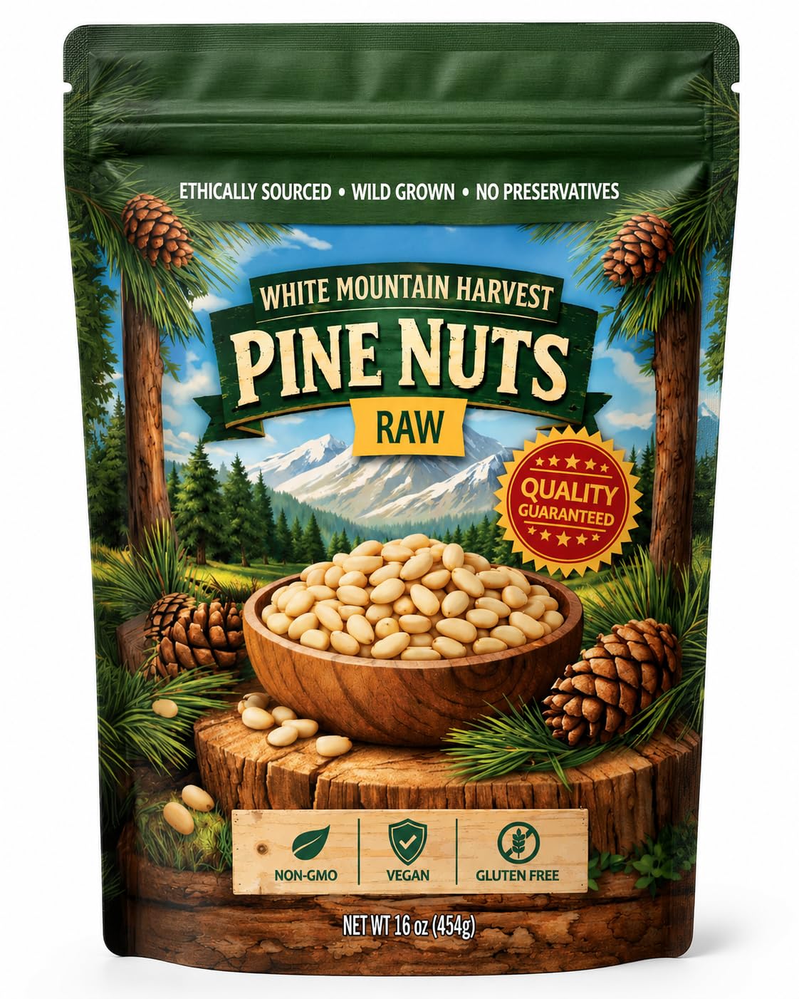 White Mountain Harvest front packaging showing 16 oz bag and clean-label benefits