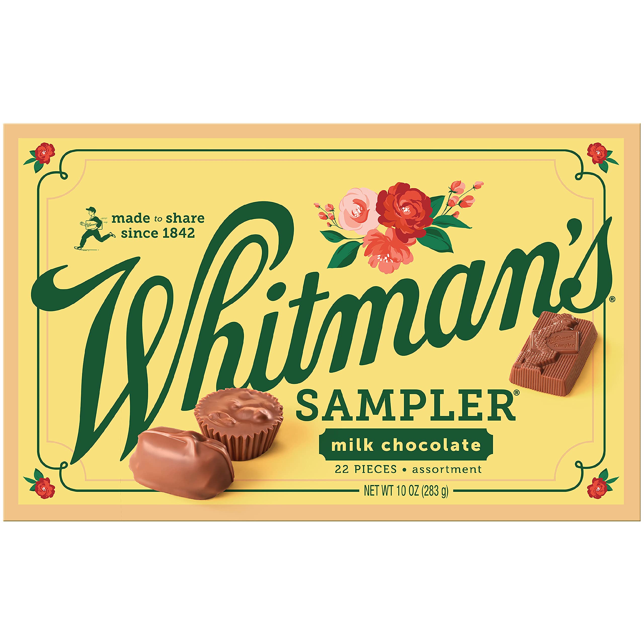 Side label of Whitman's box displaying weight and product information clearly
