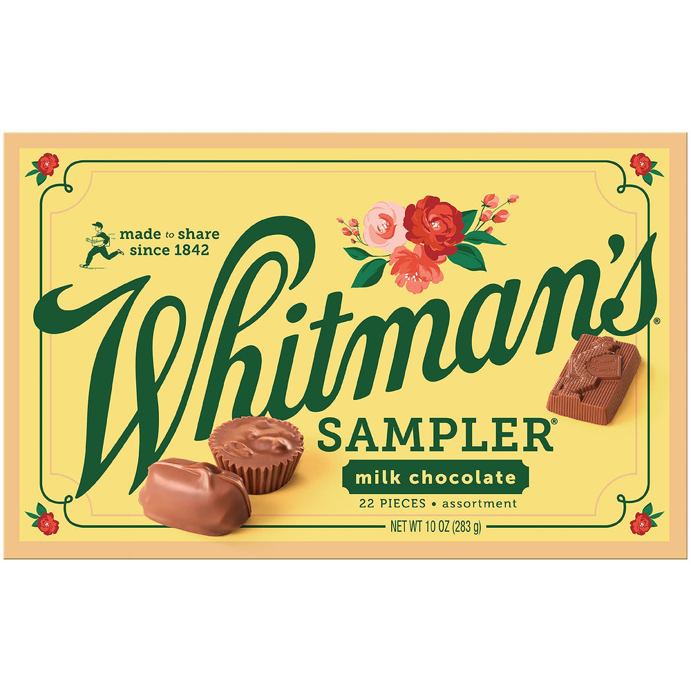 Side label of Whitman's box displaying weight and product information clearly