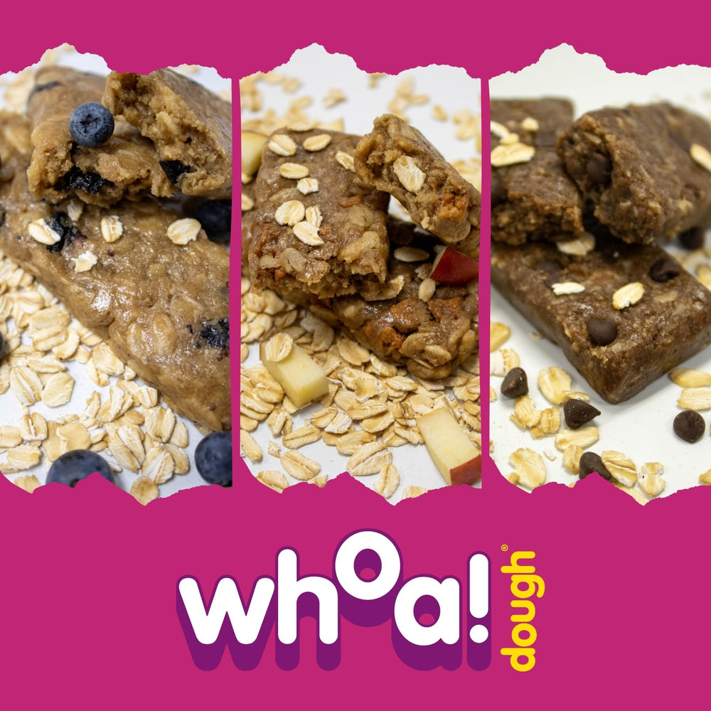 WHOA! DOUGH Chocolate Chip bar showing chocolate chips and oats for indulgent plant-based protein