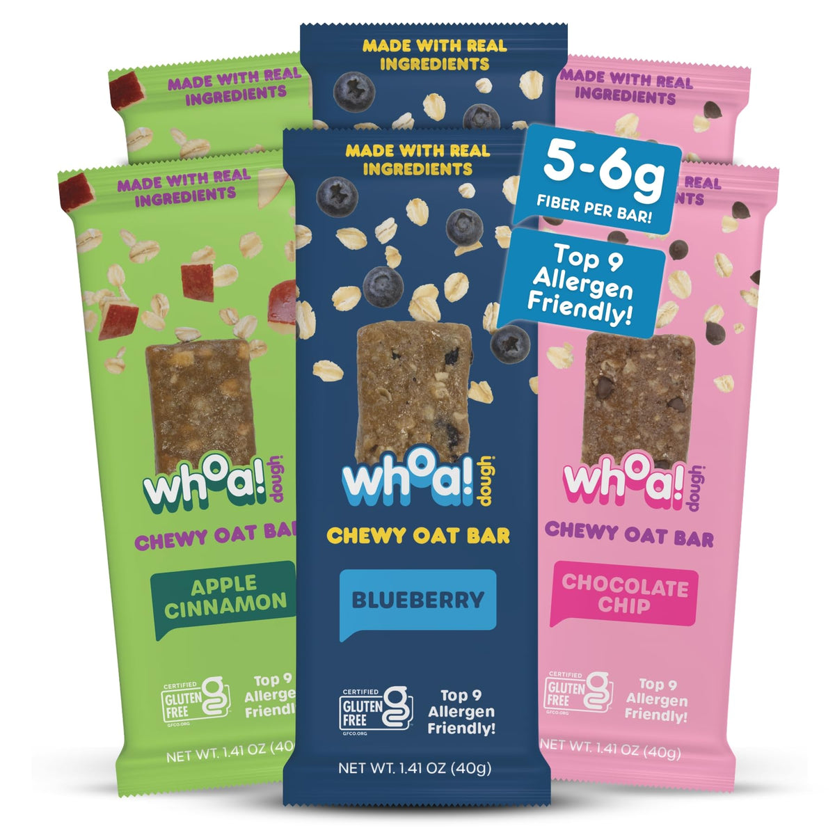 WHOA! DOUGH front packaging showing three-flavor variety and allergen-free badge for convenience